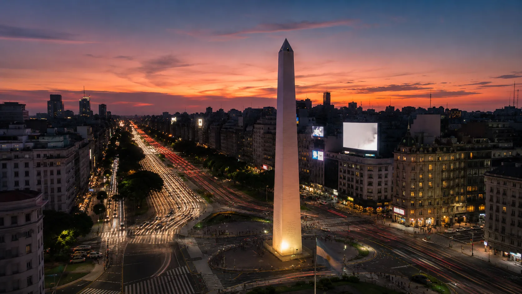 Obelisco de Buenos Aires and Avenida 9 de Julio at sunset.